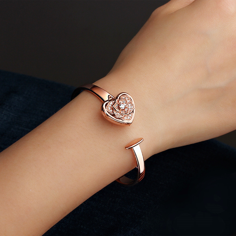 925 Sterling Silver CZ Heart Locket Charm Open Bangle
