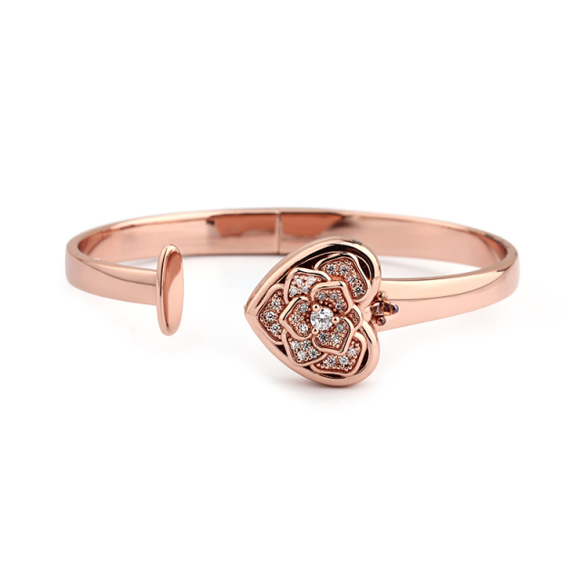 925 Sterling Silver CZ Heart Locket Charm Open Bangle