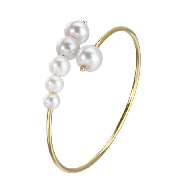 Fresh Water Pearl 925 Sterling Silver Open Bangle