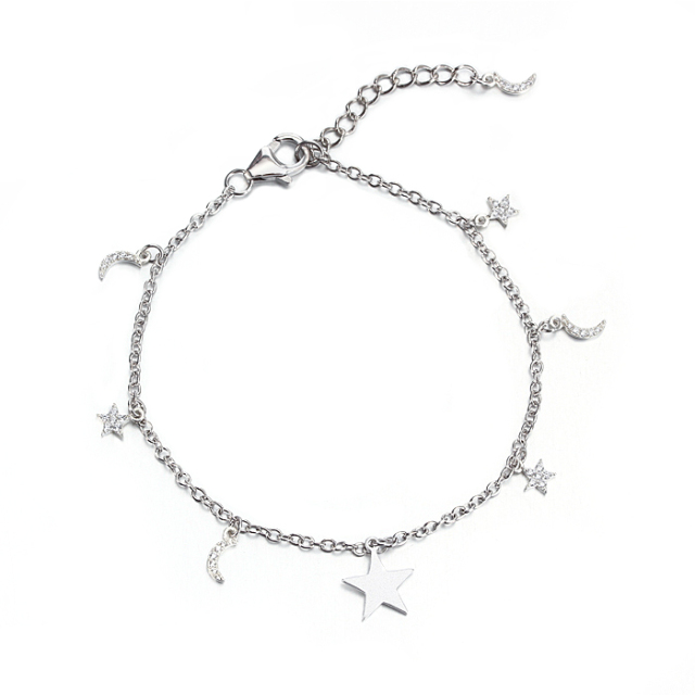 925 Sterling Silver CZ Star And Moon Bracelet
