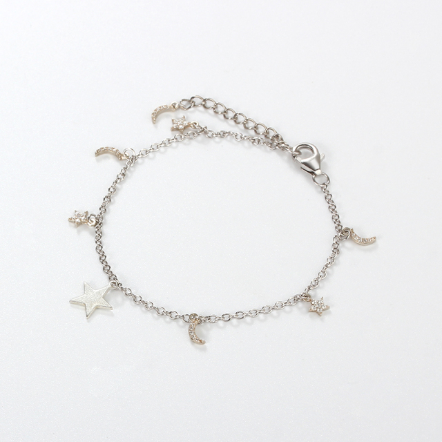 925 Sterling Silver CZ Star And Moon Bracelet
