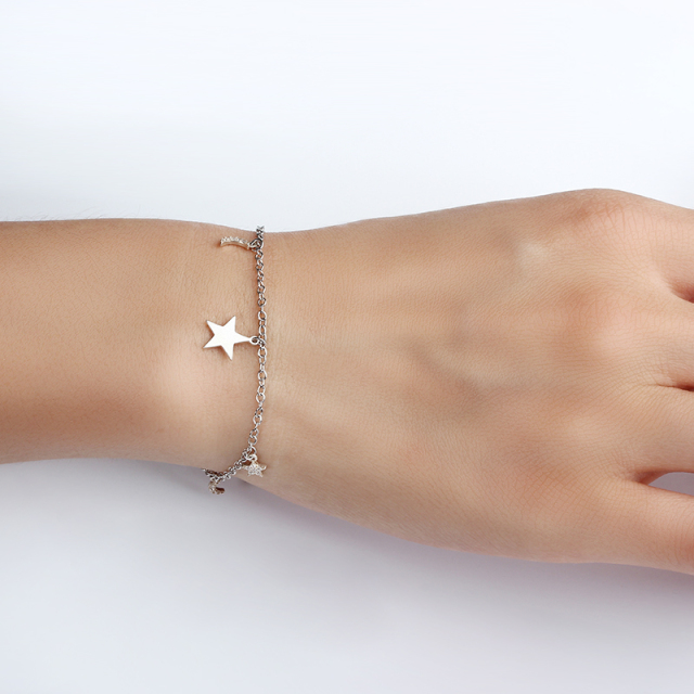925 Sterling Silver CZ Star And Moon Bracelet