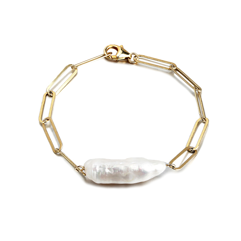 925 Sterling Silver Long Link Chain Baroque Pearl 2020 Bracelet