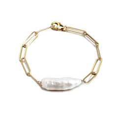 925 Sterling Silver Long Link Chain Baroque Pearl 2020 Bracelet