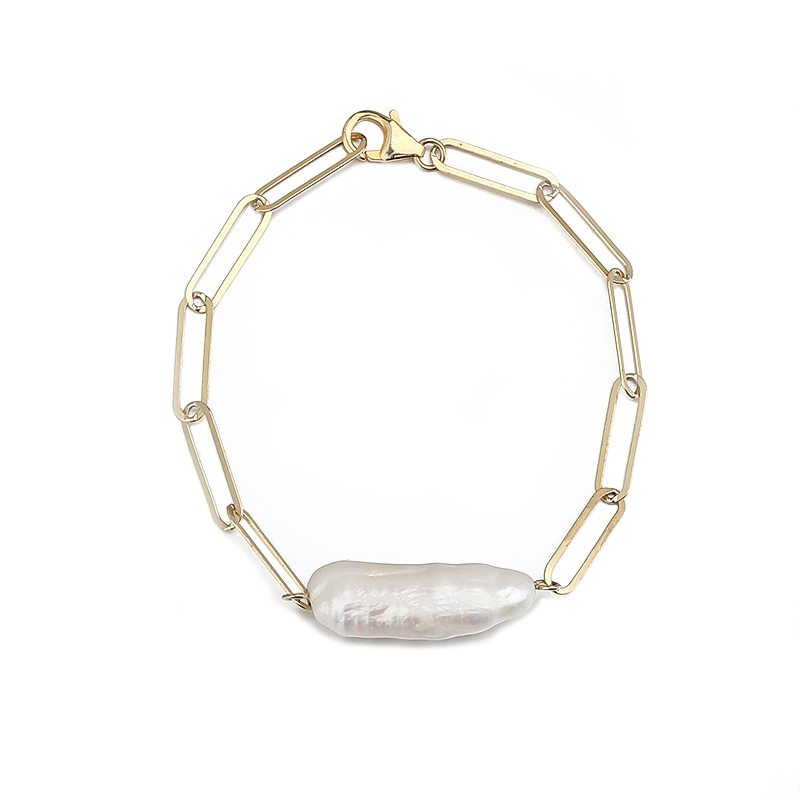 925 Sterling Silver Long Link Chain Baroque Pearl 2020 Bracelet