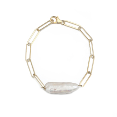 925 Sterling Silver Long Link Chain Baroque Pearl 2020 Bracelet