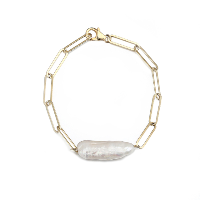 925 Sterling Silver Long Link Chain Baroque Pearl 2020 Bracelet