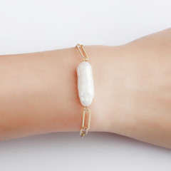 925 Sterling Silver Long Link Chain Baroque Pearl 2020 Bracelet