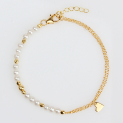 925 Sterling Silver Pearl Bead And Heart Bracelet Jewelry Women