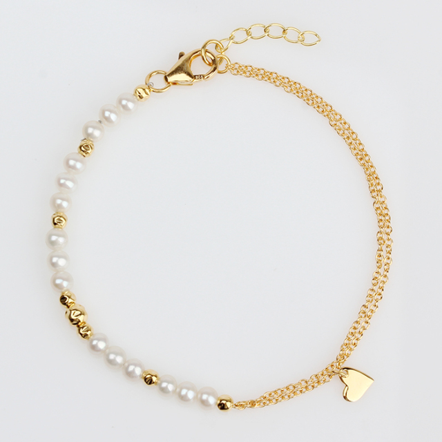 925 Sterling Silver Pearl Bead And Heart Bracelet Jewelry Women