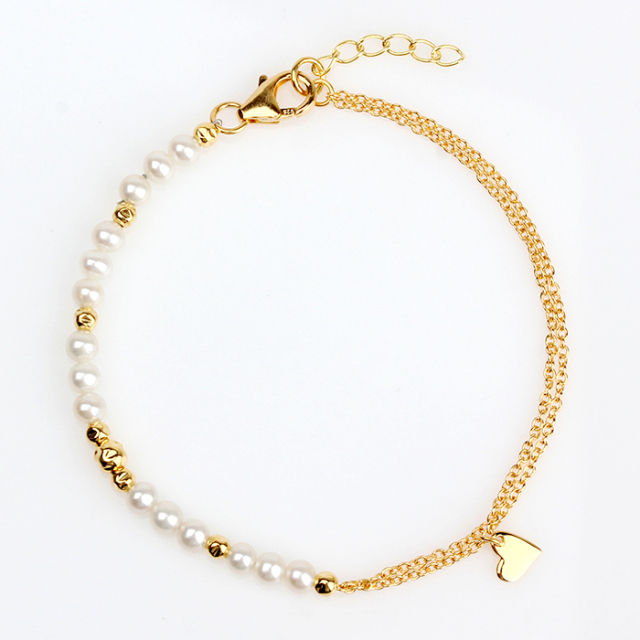 925 Sterling Silver Pearl Bead And Heart Bracelet Jewelry Women