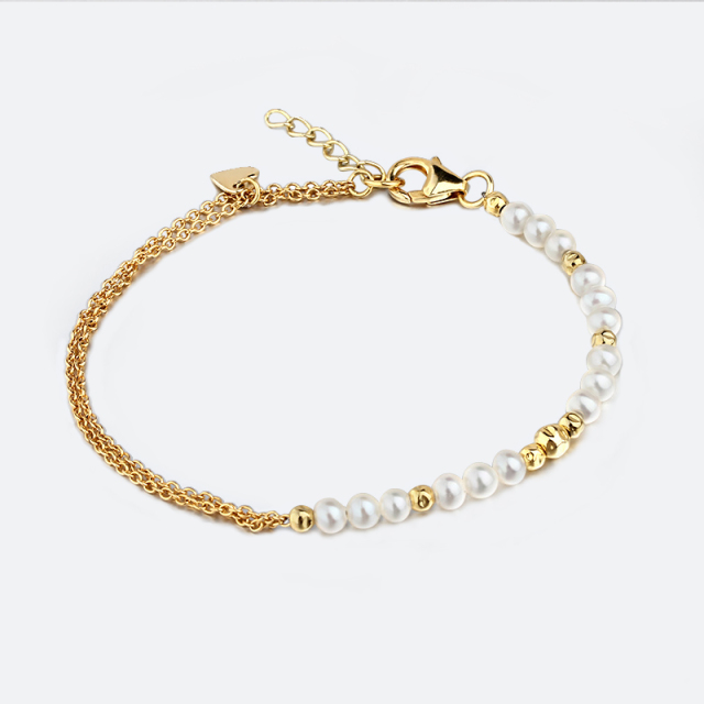 925 Sterling Silver Pearl Bead And Heart Bracelet Jewelry Women