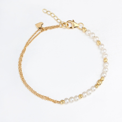 925 Sterling Silver Pearl Bead And Heart Bracelet Jewelry Women