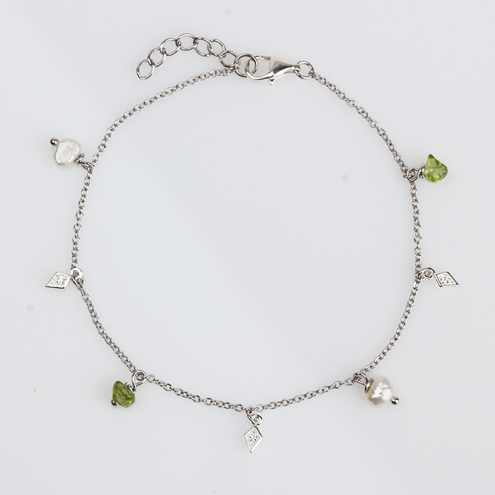 925 Sterling Silver Pearl And Peridot Bracelet Women Jewelry