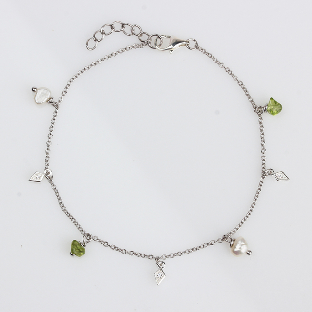 925 Sterling Silver Pearl And Peridot Bracelet Women Jewelry