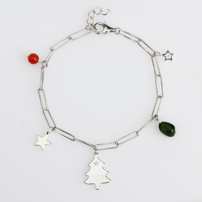 925 Sterling Gemstone Star And Christmas Tree Bracelet For Women