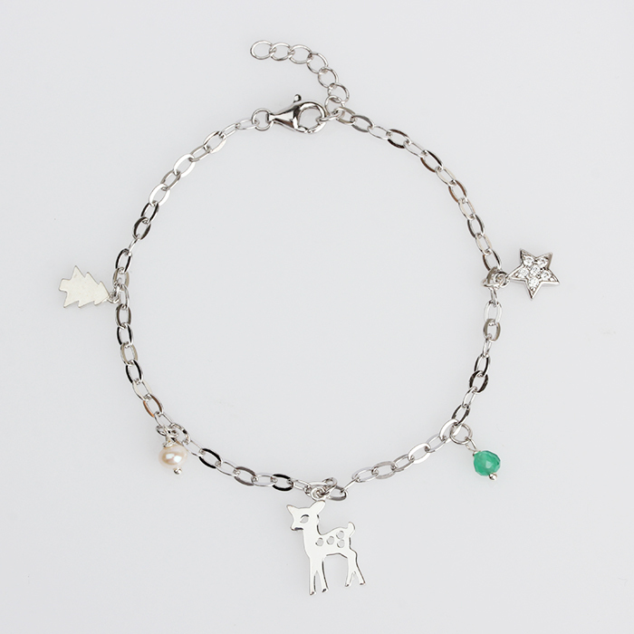 925 Sterling Silver Pearl And Green Agate Christmas Bracelet