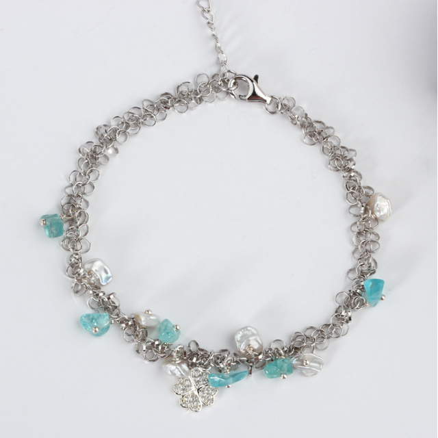 925 Sterling Silver Pearl And Aquamarine Bracelet For Women