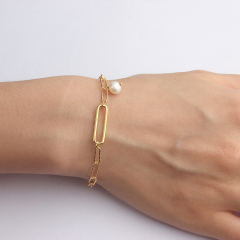 925 Sterling Silver Long Link Pearl Bracelet For Women