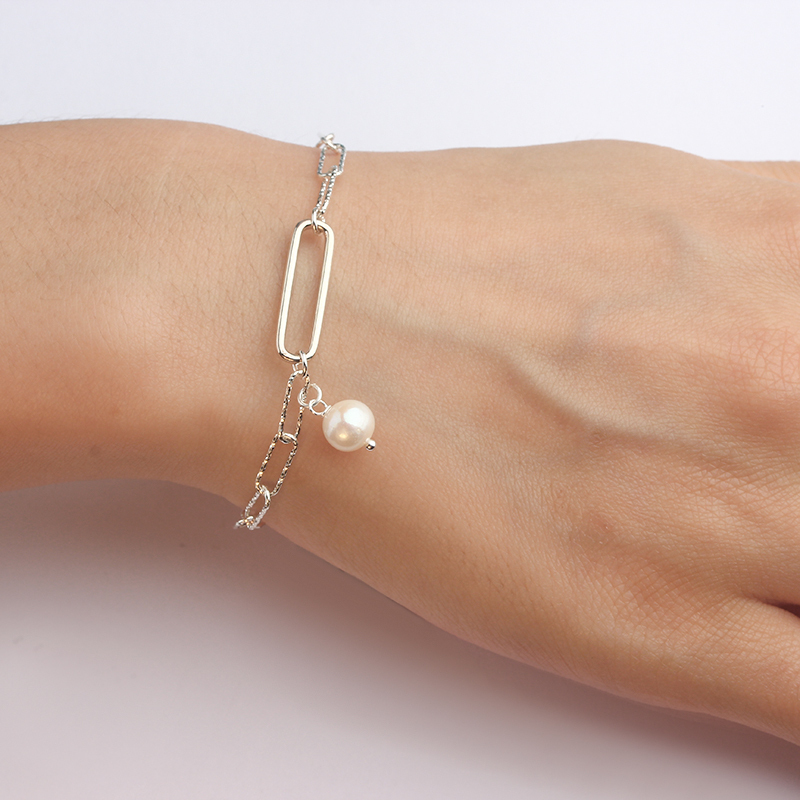 925 Sterling Silver Long Link Pearl Bracelet For Women