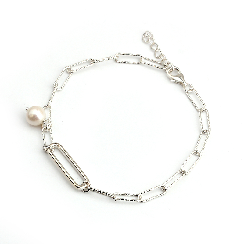 925 Sterling Silver Long Link Pearl Bracelet For Women