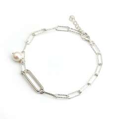925 Sterling Silver Long Link Pearl Bracelet For Women