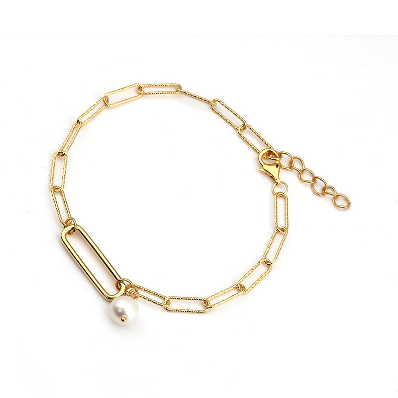 925 Sterling Silver Long Link Pearl Bracelet For Women