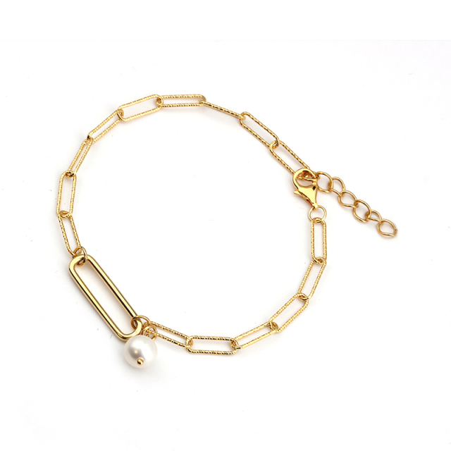 925 Sterling Silver Long Link Pearl Bracelet For Women