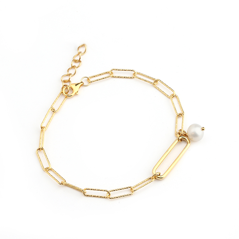 925 Sterling Silver Long Link Pearl Bracelet For Women