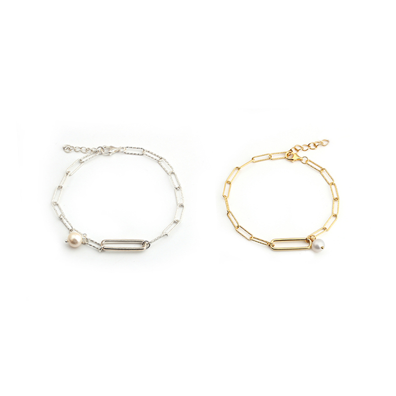925 Sterling Silver Long Link Pearl Bracelet For Women
