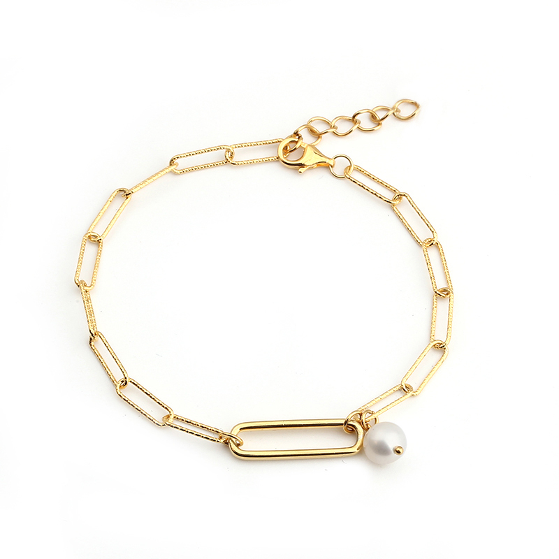 925 Sterling Silver Long Link Pearl Bracelet For Women