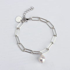925 Sterling Silver Stylish Pearl Brand Charm Chain Bracelet