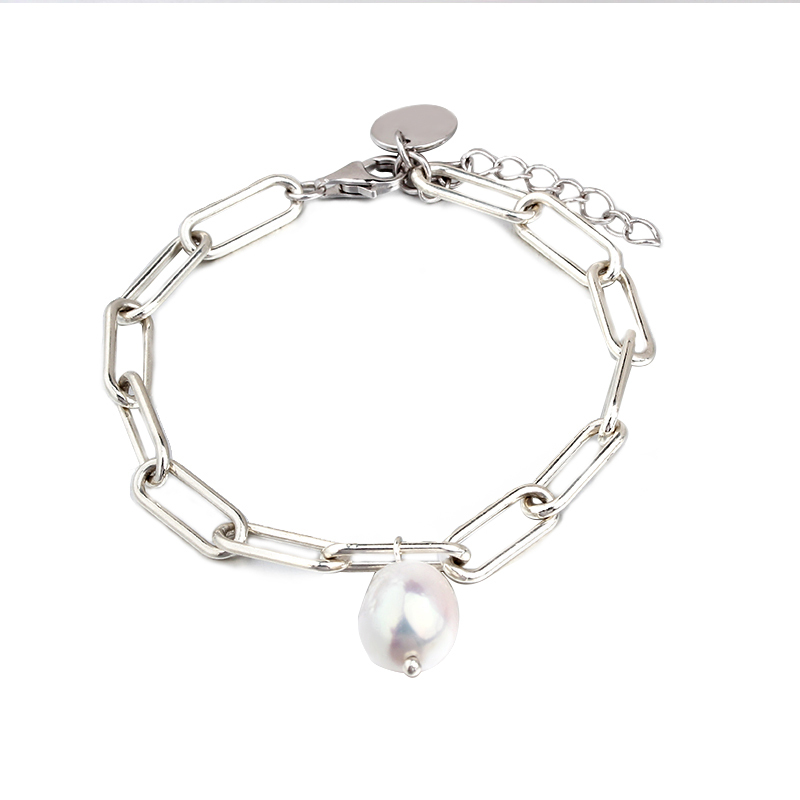 925 Sterling Silver Stylish Pearl Brand Charm Chain Bracelet