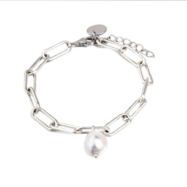 925 Sterling Silver Stylish Pearl Brand Charm Chain Bracelet
