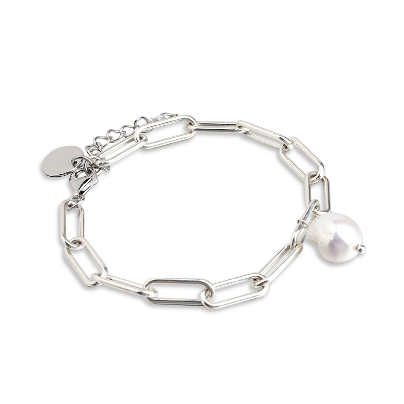 925 Sterling Silver Stylish Pearl Brand Charm Chain Bracelet