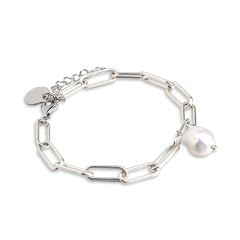 925 Sterling Silver Stylish Pearl Brand Charm Chain Bracelet