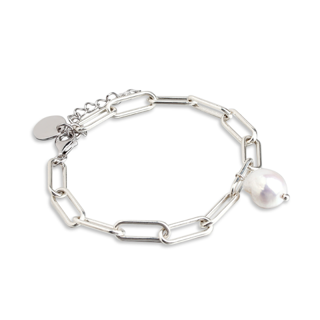 925 Sterling Silver Stylish Pearl Brand Charm Chain Bracelet