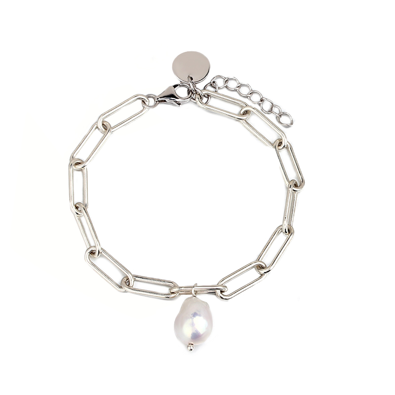925 Sterling Silver Stylish Pearl Brand Charm Chain Bracelet