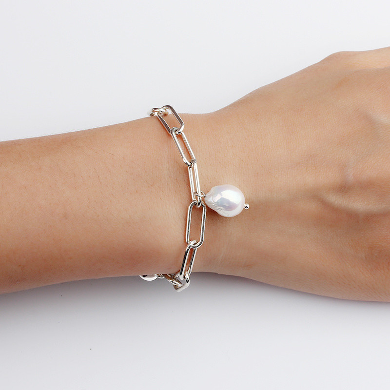 925 Sterling Silver Stylish Pearl Brand Charm Chain Bracelet