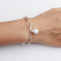 925 Sterling Silver Stylish Pearl Brand Charm Chain Bracelet