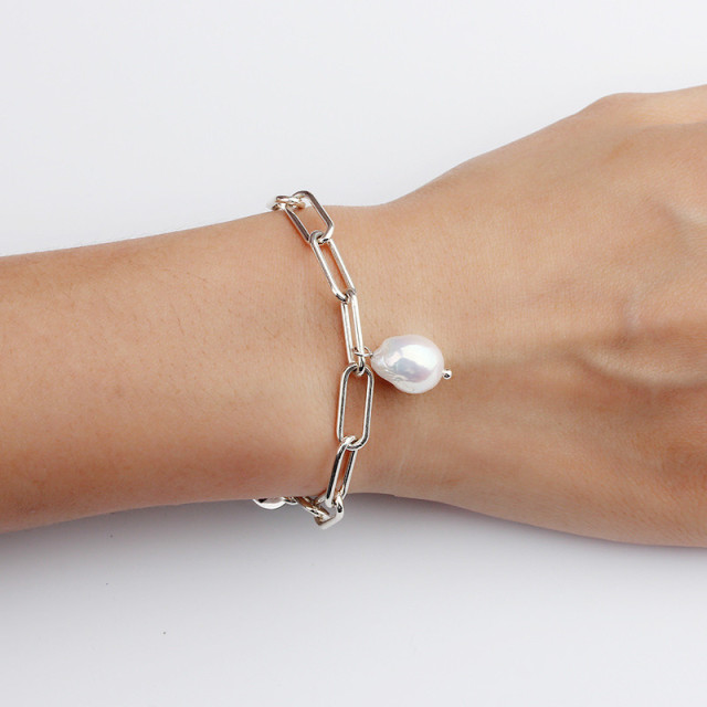 925 Sterling Silver Stylish Pearl Brand Charm Chain Bracelet