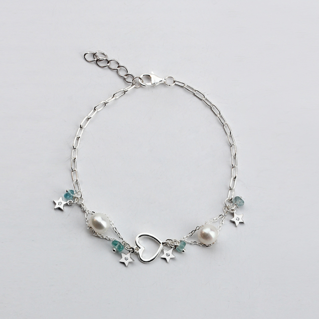 925 Sterling Silver Fashion Star Charming Gemstone Pearl Bracelet