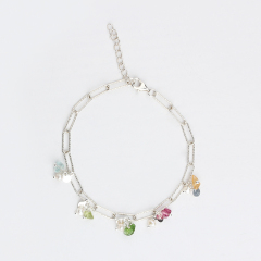 925 Sterling Silver Diamond Cut Chain Gemstone Pearl Charm Bracelet