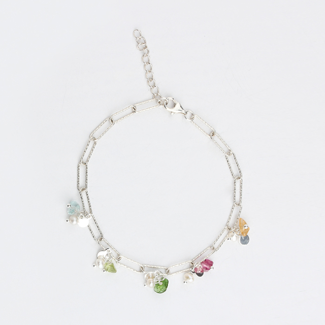 925 Sterling Silver Diamond Cut Chain Gemstone Pearl Charm Bracelet