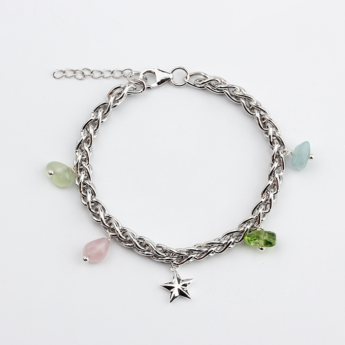 925 Sterling Silver Thick Rope Chain Star Gemstone Charm Bracelet