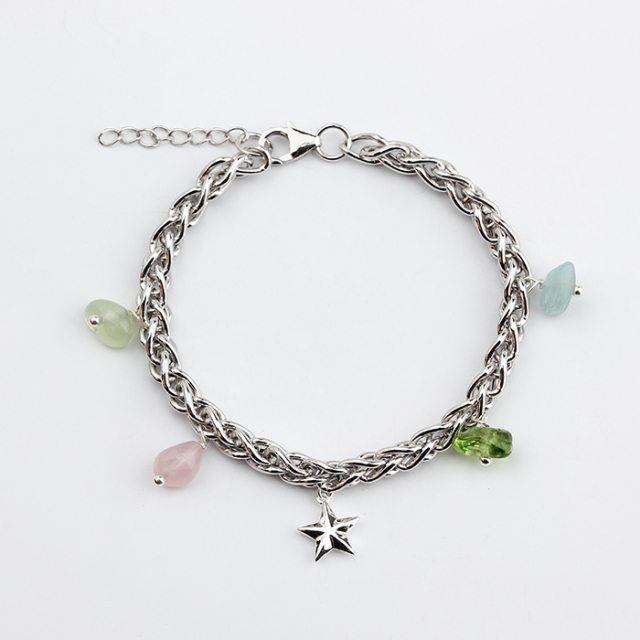 925 Sterling Silver Thick Rope Chain Star Gemstone Charm Bracelet