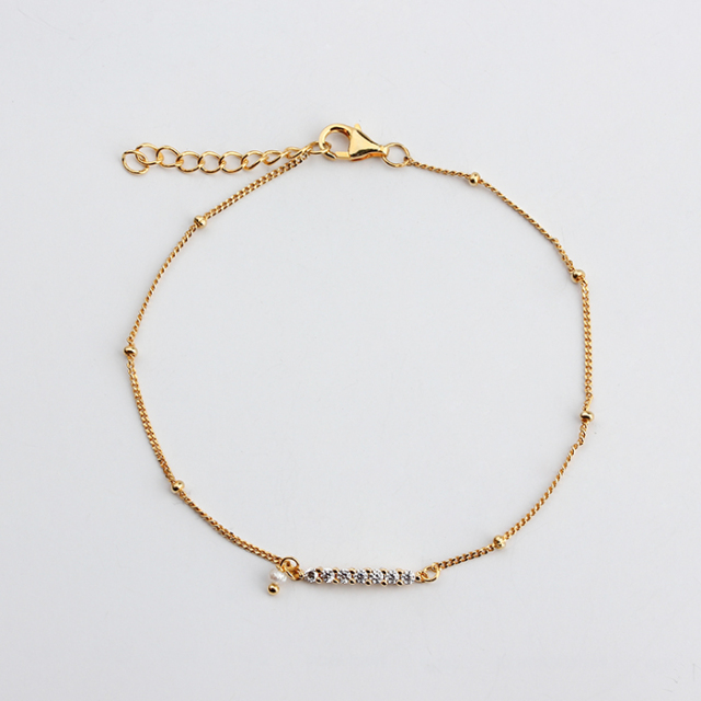 925 Sterling Silver Curb Chain With Round Bead CZ Bracelet