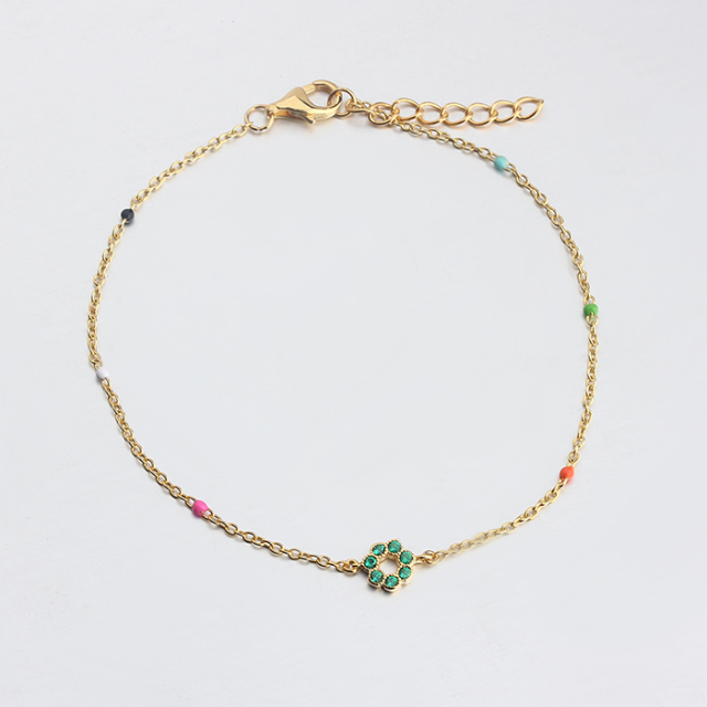 925 Sterling Silver Colorful Enamel Green CZ Flower Bracelet