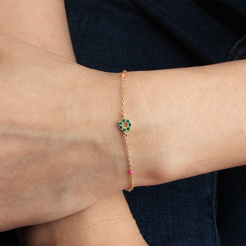 925 Sterling Silver Colorful Enamel Green CZ Flower Bracelet