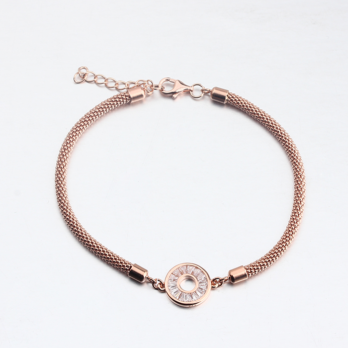 925 Sterling Silver Popcorn Chain CZ Round Connetor Bracelet